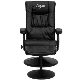 Personalized Contemporary Multi-Position Recliner and Ottoman with Wrapped Base in Black LeatherSoft, BT-7862-BK-TXTEMB-GG
