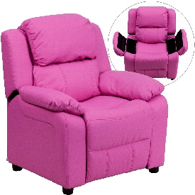 Deluxe Padded Contemporary Hot Pink Vinyl Kids Recliner with Storage Arms, BT-7985-KID-HOT-PINK-GG Deluxe Padded Contemporary Hot Pink Vinyl Kids Recliner with Storage Arms, BT-7985-KID-HOT-PINK-GG