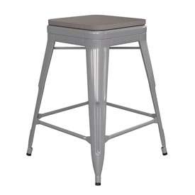 Kai Commercial Grade 24" High Backless Silver Metal Indoor-Outdoor Counter Height Stool with Square Gray Poly Resin Wood Seat, CH-31320-24-SIL-PL2G-GG Kai Commercial Grade 24" High Backless Silver Metal Indoor-Outdoor Counter Height Stool with Square Gray Poly Resin Wood Seat, CH-31320-24-SIL-PL2G-GG