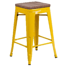24" High Backless Yellow Metal Counter Height Stool with Square Wood Seat, CH-31320-24-YL-WD-GG