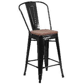 24" High Black Metal Counter Height Stool with Back and Wood Seat, CH-31320-24GB-BK-WD-GG 24" High Black Metal Counter Height Stool with Back and Wood Seat, CH-31320-24GB-BK-WD-GG