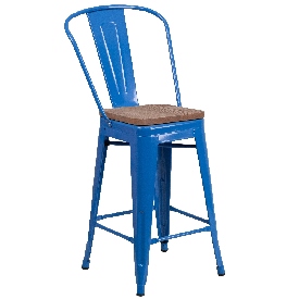 24" High Blue Metal Counter Height Stool with Back and Wood Seat, CH-31320-24GB-BL-WD-GG