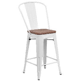 24" High White Metal Counter Height Stool with Back and Wood Seat, CH-31320-24GB-WH-WD-GG 24" High White Metal Counter Height Stool with Back and Wood Seat, CH-31320-24GB-WH-WD-GG