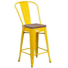 24" High Yellow Metal Counter Height Stool with Back and Wood Seat, CH-31320-24GB-YL-WD-GG