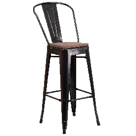 30" High Black-Antique Gold Metal Barstool with Back and Wood Seat, CH-31320-30GB-BQ-WD-GG 30" High Black-Antique Gold Metal Barstool with Back and Wood Seat, CH-31320-30GB-BQ-WD-GG