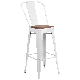 30" High White Metal Barstool with Back and Wood Seat, CH-31320-30GB-WH-WD-GG 30" High White Metal Barstool with Back and Wood Seat, CH-31320-30GB-WH-WD-GG