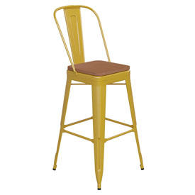 Kai Commercial Grade 30" High Yellow Metal Indoor-Outdoor Bar Height Stool with Removable Back and Square Teak All-Weather Poly Resin Seat, CH-31320-30GB-YL-PL2T-GG Kai Commercial Grade 30" High Yellow Metal Indoor-Outdoor Bar Height Stool with Removable Back and Square Teak All-Weather Poly Resin Seat, CH-31320-30GB-YL-PL2T-GG