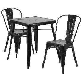 Commercial Grade 23.75" Square Black Metal Indoor-Outdoor Table Set with 2 Stack Chairs, CH-31330-2-30-BK-GG