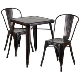 Commercial Grade 23.75" Square Black-Antique Gold Metal Indoor-Outdoor Table Set with 2 Stack Chairs, CH-31330-2-30-BQ-GG