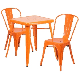Commercial Grade 23.75" Square Orange Metal Indoor-Outdoor Table Set with 2 Stack Chairs, CH-31330-2-30-OR-GG