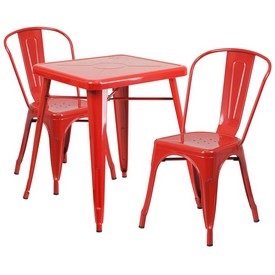 Commercial Grade 23.75" Square Red Metal Indoor-Outdoor Table Set with 2 Stack Chairs, CH-31330-2-30-RED-GG
