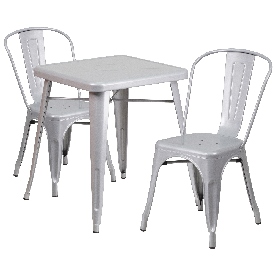 Commercial Grade 23.75" Square Silver Metal Indoor-Outdoor Table Set with 2 Stack Chairs, CH-31330-2-30-SIL-GG