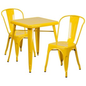 Commercial Grade 23.75" Square Yellow Metal Indoor-Outdoor Table Set with 2 Stack Chairs, CH-31330-2-30-YL-GG