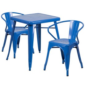 Commercial Grade 23.75" Square Blue Metal Indoor-Outdoor Table Set with 2 Arm Chairs, CH-31330-2-70-BL-GG