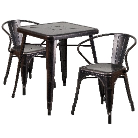 Commercial Grade 23.75" Square Black-Antique Gold Metal Indoor-Outdoor Table Set with 2 Arm Chairs, CH-31330-2-70-BQ-GG