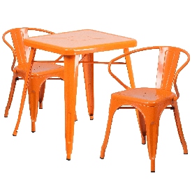 Commercial Grade 23.75" Square Orange Metal Indoor-Outdoor Table Set with 2 Arm Chairs, CH-31330-2-70-OR-GG