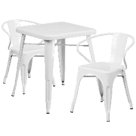 Commercial Grade 23.75" Square White Metal Indoor-Outdoor Table Set with 2 Arm Chairs, CH-31330-2-70-WH-GG