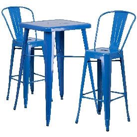 Commercial Grade 23.75" Square Blue Metal Indoor-Outdoor Bar Table Set with 2 Stools with Backs, CH-31330B-2-30GB-BL-GG