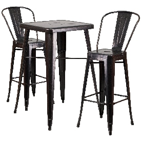 Commercial Grade 23.75" Square Black-Antique Gold Metal Indoor-Outdoor Bar Table Set with 2 Stools with Backs, CH-31330B-2-30GB-BQ-GG