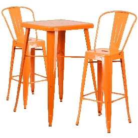 Commercial Grade 23.75" Square Orange Metal Indoor-Outdoor Bar Table Set with 2 Stools with Backs, CH-31330B-2-30GB-OR-GG