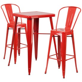 Commercial Grade 23.75" Square Red Metal Indoor-Outdoor Bar Table Set with 2 Stools with Backs, CH-31330B-2-30GB-RED-GG