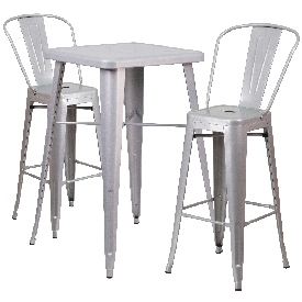 Commercial Grade 23.75" Square Silver Metal Indoor-Outdoor Bar Table Set with 2 Stools with Backs, CH-31330B-2-30GB-SIL-GG