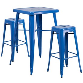 Commercial Grade 23.75" Square Blue Metal Indoor-Outdoor Bar Table Set with 2 Square Seat Backless Stools