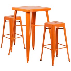Commercial Grade 23.75" Square Orange Metal Indoor-Outdoor Bar Table Set with 2 Square Seat Backless Stools, CH-31330B-2-30SQ-OR-GG