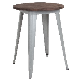 24" Round Silver Metal Indoor Table with Walnut Rustic Wood Top, CH-51080-29M1-SIL-GG