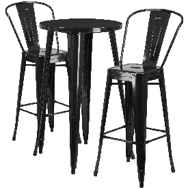 Commercial Grade 24" Round Black Metal Indoor-Outdoor Bar Table Set with 2 Cafe Stools, CH-51080BH-2-30CAFE-BK-GG