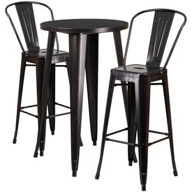 Commercial Grade 24" Round Black-Antique Gold Metal Indoor-Outdoor Bar Table Set with 2 Cafe Stools, CH-51080BH-2-30CAFE-BQ-GG