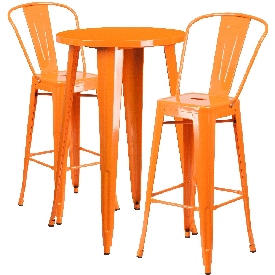 Commercial Grade 24" Round Orange Metal Indoor-Outdoor Bar Table Set with 2 Cafe Stools, CH-51080BH-2-30CAFE-OR-GG