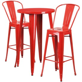Commercial Grade 24" Round Red Metal Indoor-Outdoor Bar Table Set with 2 Cafe Stools, CH-51080BH-2-30CAFE-RED-GG