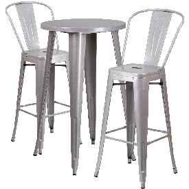 Commercial Grade 24" Round Silver Metal Indoor-Outdoor Bar Table Set with 2 Cafe Stools, CH-51080BH-2-30CAFE-SIL-GG