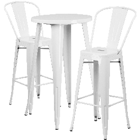 Commercial Grade 24" Round White Metal Indoor-Outdoor Bar Table Set with 2 Cafe Stools, CH-51080BH-2-30CAFE-WH-GG