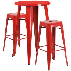 Commercial Grade 24" Round Red Metal Indoor-Outdoor Bar Table Set with 2 Square Seat Backless Stools, CH-51080BH-2-30SQST-RED-GG