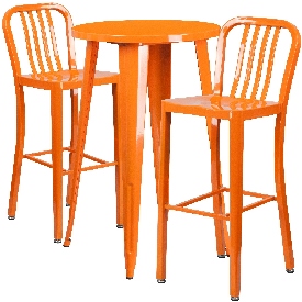 Commercial Grade 24" Round Orange Metal Indoor-Outdoor Bar Table Set with 2 Vertical Slat Back Stools, CH-51080BH-2-30VRT-OR-GG