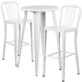 Commercial Grade 24" Round White Metal Indoor-Outdoor Bar Table Set with 2 Vertical Slat Back Stools, CH-51080BH-2-30VRT-WH-GG