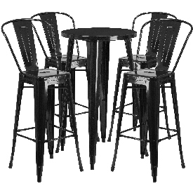 Commercial Grade 24" Round Black Metal Indoor-Outdoor Bar Table Set with 4 Cafe Stools, CH-51080BH-4-30CAFE-BK-GG