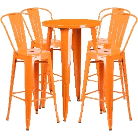 Commercial Grade 24" Round Orange Metal Indoor-Outdoor Bar Table Set with 4 Cafe Stools, CH-51080BH-4-30CAFE-OR-GG