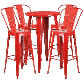 Commercial Grade 24" Round Red Metal Indoor-Outdoor Bar Table Set with 4 Cafe Stools, CH-51080BH-4-30CAFE-RED-GG