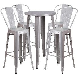 Commercial Grade 24" Round Silver Metal Indoor-Outdoor Bar Table Set with 4 Cafe Stools, CH-51080BH-4-30CAFE-SIL-GG