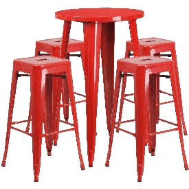 Commercial Grade 24" Round Red Metal Indoor-Outdoor Bar Table Set with 4 Square Seat Backless Stools, CH-51080BH-4-30SQST-RED-GG