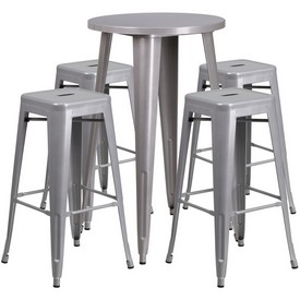 Commercial Grade 24" Round Silver Metal Indoor-Outdoor Bar Table Set with 4 Square Seat Backless Stools, CH-51080BH-4-30SQST-SIL-GG