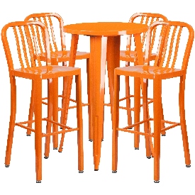 Commercial Grade 24" Round Orange Metal Indoor-Outdoor Bar Table Set with 4 Vertical Slat Back Stools, CH-51080BH-4-30VRT-OR-GG