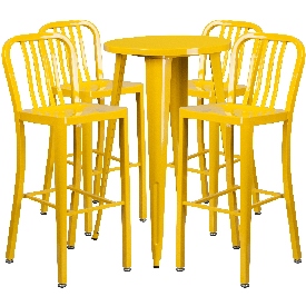 Commercial Grade 24" Round Yellow Metal Indoor-Outdoor Bar Table Set with 4 Vertical Slat Back Stools, CH-51080BH-4-30VRT-YL-GG