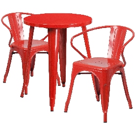 Commercial Grade 24" Round Red Metal Indoor-Outdoor Table Set with 2 Arm Chairs, CH-51080TH-2-18ARM-RED-GG