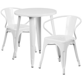Commercial Grade 24" Round White Metal Indoor-Outdoor Table Set with 2 Arm Chairs, CH-51080TH-2-18ARM-WH-GG