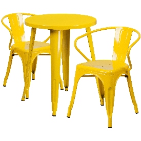 Commercial Grade 24" Round Yellow Metal Indoor-Outdoor Table Set with 2 Arm Chairs, CH-51080TH-2-18ARM-YL-GG