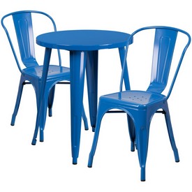 Commercial Grade 24" Round Blue Metal Indoor-Outdoor Table Set with 2 Cafe Chairs, CH-51080TH-2-18CAFE-BL-GG